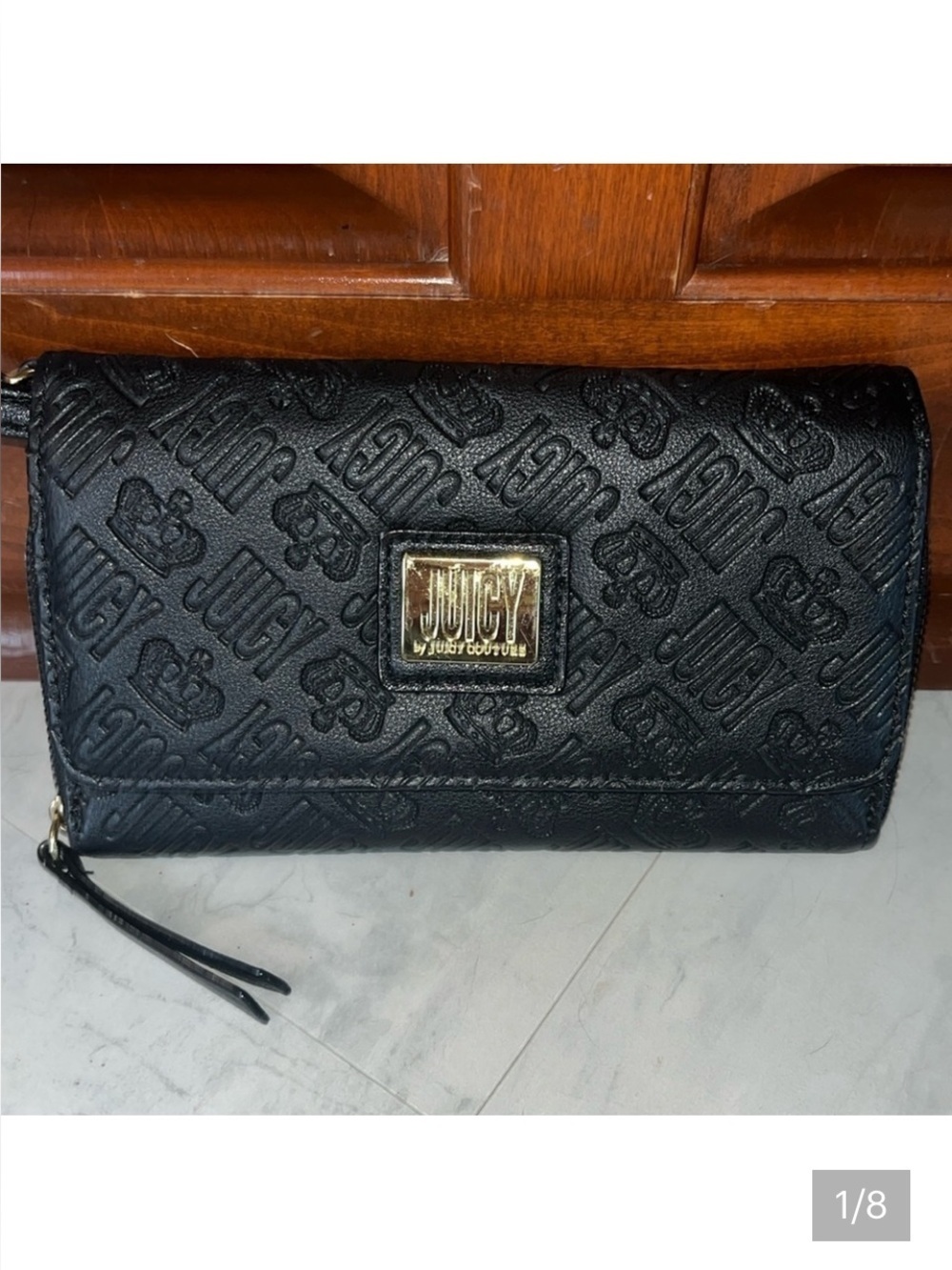 Juicy couture Crossbody bag clutch Wallet black embossed, gold tone NWOT